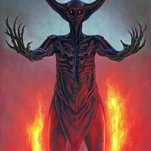 Image similar to realistic alien, medium shot portrait, devil horns, green head. red eyes,!!! human eyes!!!, background flames, by wayne barlowe