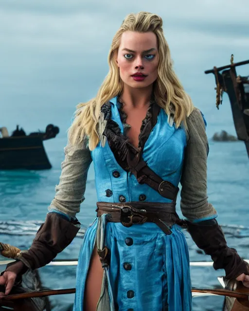 Image similar to a photo of blue eyed margot robbie as a pirate, cinematic, award winning, 4k