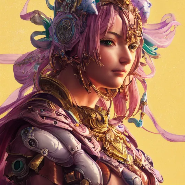 Image similar to studio portrait of lawful good colorful female holy mech paladin as absurdly beautiful, elegant, young sensual gravure idol, ultrafine hyperrealistic detailed face illustration by kim jung gi, irakli nadar, intricate linework, sharp focus, bright colors, matte, octopath traveler, final fantasy, unreal engine highly rendered, global illumination, radiant light, intricate environment