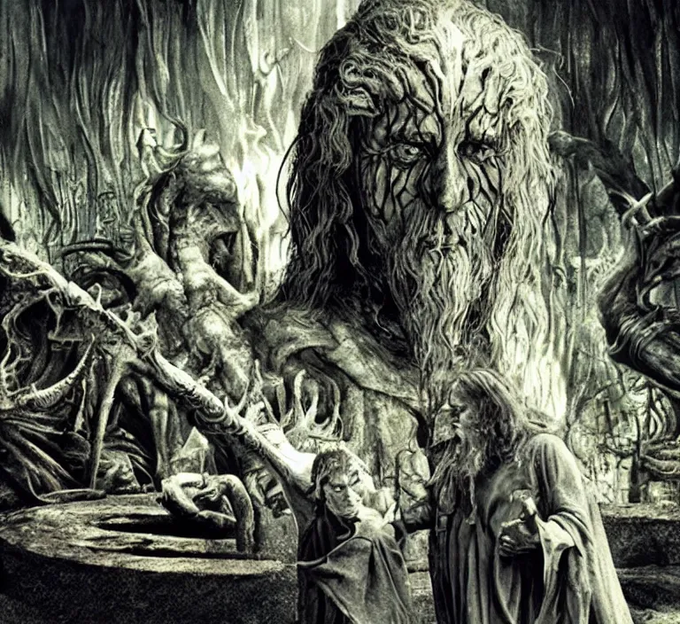 Prompt: frodo!! and gandalf!!, style of h. r. giger, movie still, cinematic