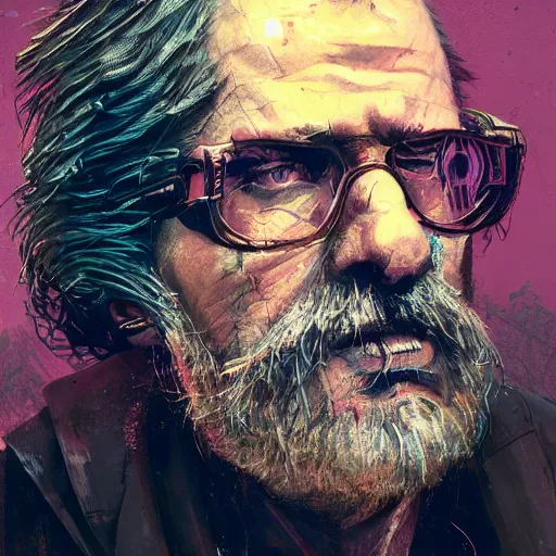 Image similar to cyberpunk, closeup portrait of a shaggy old cyberpunk broker, bald, tired eyes, tattered tweed jacket, dramatic light, city background, sunset, dystopian setting, high contrast, sharp, neuromancer, the finn, painted by stanley lau, painted by greg rutkowski, painted by stanley artgerm, digital art, trending on artstation