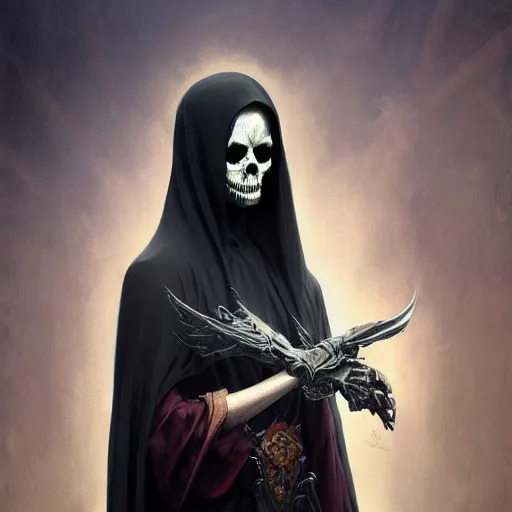 Image similar to the grim reaper, dark fantasy, intricate, elegant, highly detailed, digital painting, artstation, concept art, wallpaper, smooth, sharp focus, illustration, art by artgerm and greg rutkowski and alphonse mucha