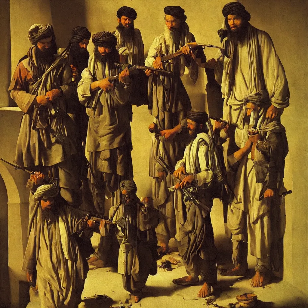 Prompt: taliban by johannes vermeer, oil painting, beautiful lighting, saturated colors, highly detailed.