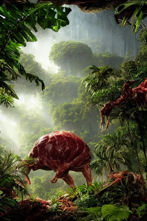 Prompt: a giant meat eating plant in the exotic jungle, landscape, alex ross, giga, david finch, concept art, matte painting, highly detailed, rule of thirds, dynamic lighting, cinematic, detailed, denoised, centerd