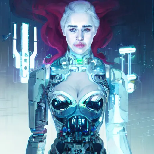 Image similar to a portrait of Emilia Clarke as a beautiful cybernetic techno queen, white woman, cyberpunk concept art by pete mohrbacher and wlop and artgerm josan gonzalez and syd mead, digital art, highly detailed, intricate, sci-fi, sharp focus, Trending on Artstation,