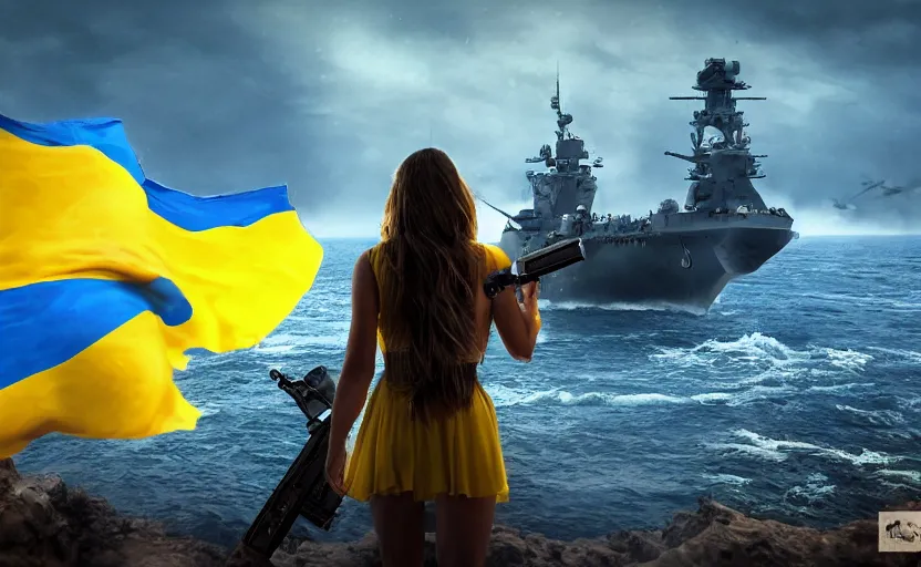 Prompt: perfect shot from behind of a beautiful girl in national blue and yellow dress with beautiful hair confidently holding a heavy grenade launcher and standing on a shore and facing a huge realistic detailed Russian warship on the horizon. Ukrainian flag on the left side, concept art, сinematic lighting, insanely detailed, smooth, sharp focus, Artstation, 8k, unreal engine, hyper-realistic, bright background, moonlight, volumetric lighting, octane render, digital illustration by Ruan Jia and Mandy Jurgens and Artgerm and Wayne Barlowe and Greg Rutkowski and Zdislav Beksinski