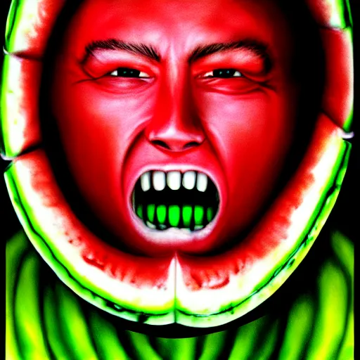 Prompt: horror movie poster, about watermelon man, in hd picture, and photorealism, and detail image