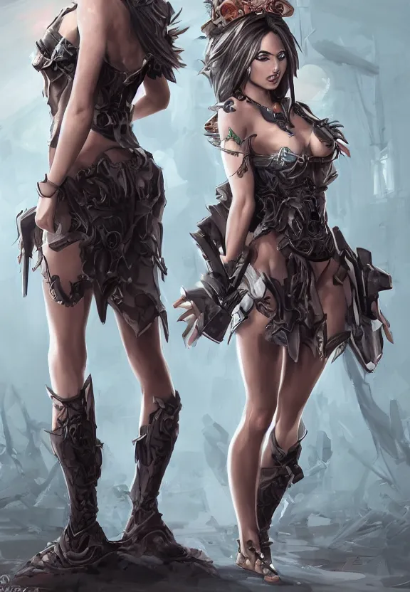Image similar to mad warrior seductive girl concept art, character in the middle, short dress, detailed eyes, symmetrical, rule of three, detailed body, full body, detailed face, ultradetailed digital illustration, 8 k, epic atmosphere, digital art by simon cowell and rachel walpole