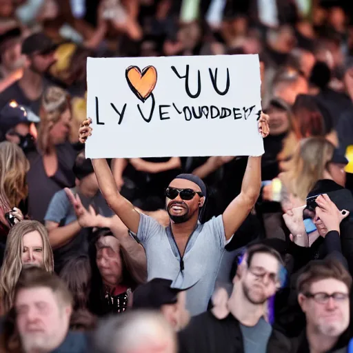 Prompt: man at concert waving placard, stating we love you stevie wonder