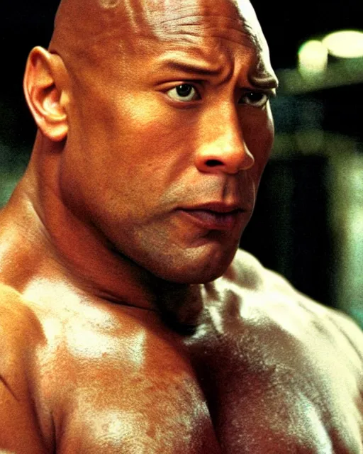 Prompt: film still close - up shot of dwayne johnson as john coffey from the movie the green mile. he is petting a mouse. photographic, photography