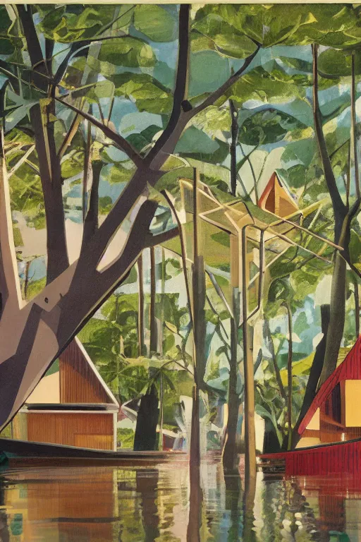 Prompt: spherical tree houses in flooded street ( ( ( ( painting by aaron douglas ) ) ) ) painting by alvar aalto