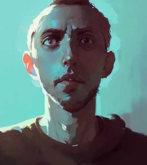 Image similar to portrait of beautiful michael rosen, by atey ghailan, by greg rutkowski, by greg tocchini, by james gilleard, by joe fenton, by kaethe butcher, dynamic lighting, gradient light blue, brown, blonde cream and white color scheme, grunge aesthetic