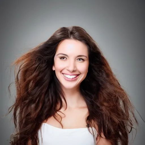Prompt: a beautiful studio photo portrait of a long haired brunette woman, happy and smiling, dynamic pose