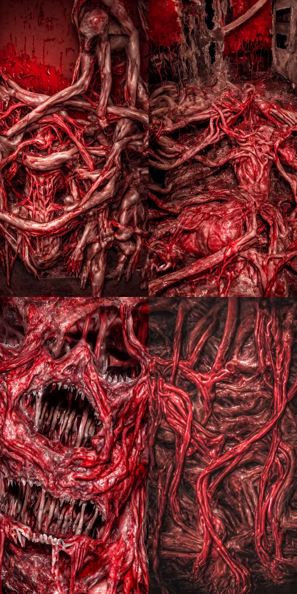 Prompt: a dark red gory structure of intertwined decaying muscles, eyes, sharp teeth, and intestines lying in a pool of clotting blood, slowly engulfing its surroundings with twitching veins and bloody intestines, dark hazy room, a high-quality photo, hyperrealistic, in color