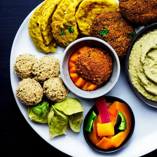 Prompt: a hummus plate with falafel, food photography