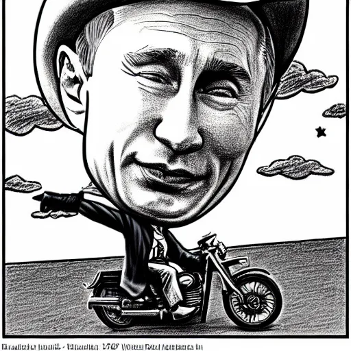 Image similar to vladimir putin riding a bomb in the sky, waving a cowboy hat, cartoonish, ultra detailed pencil art