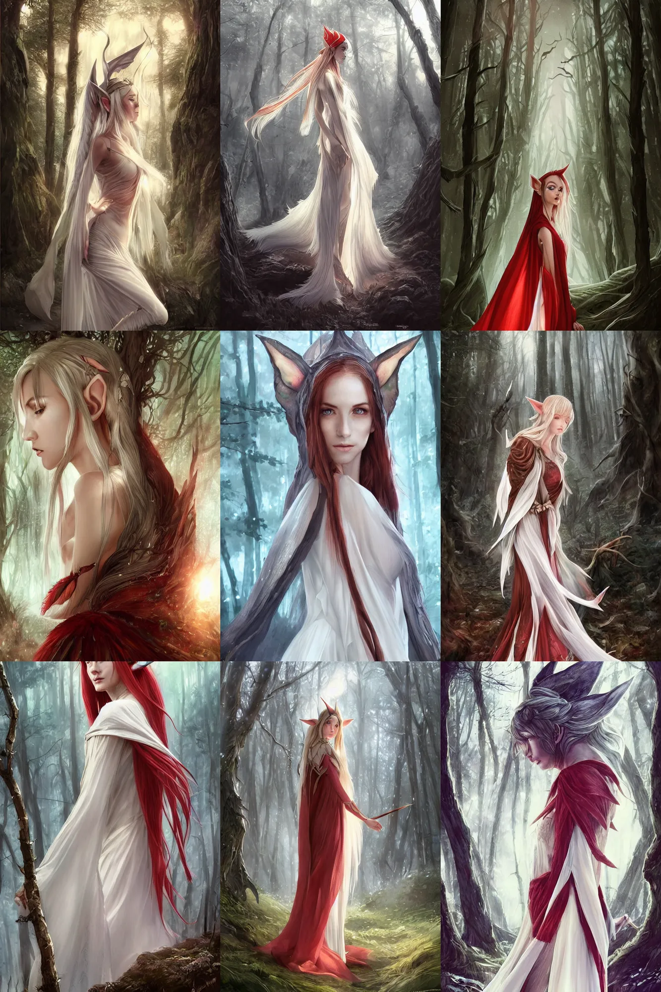 Prompt: side portrait high-fantasy elf girl with detailed pointed sharp long ears wearing translucent off-white gown and cloak, fantasy forest landscape, moonshine, fantasy magic, feathery red hair, dark light night, intricate, elegant, sharp focus, illustration, highly detailed, digital painting, concept art, matte, art by WLOP and Artgerm and Greg Rutkowski and Alphonse Mucha, masterpiece