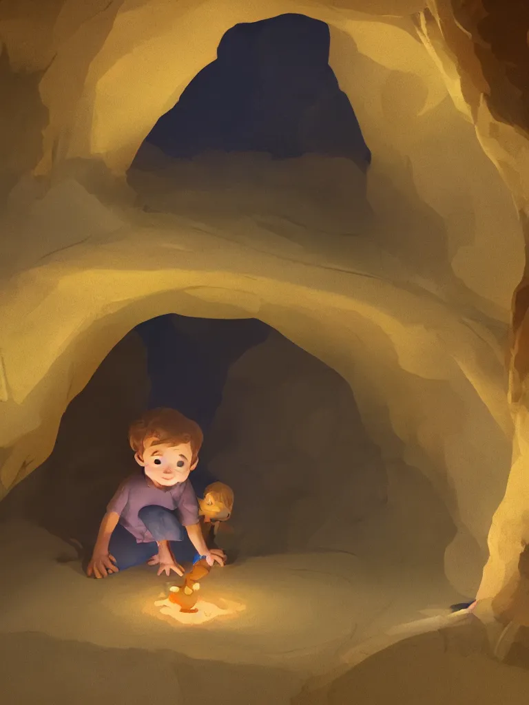 Image similar to lit child, in a dark cave, by disney concept artists, blunt borders, golden ratio, soft light