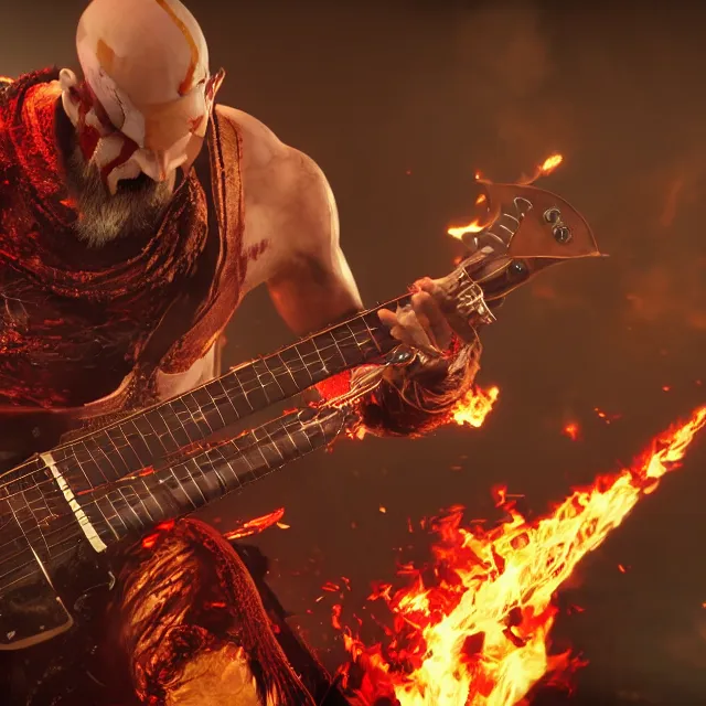 Prompt: flaming eyes kratos shredding on a flaming stratocaster guitar, cinematic render, god of war 2 0 1 8, santa monica studio official media, flaming eyes, lightning