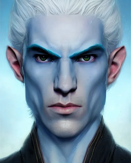 Prompt: character portrait of a slender young half elven man with white hair and eyebrows, piercing bright blue eyes, and pale bluish skin, by greg rutkowski, mark brookes, jim burns, tom bagshaw, trending on artstation