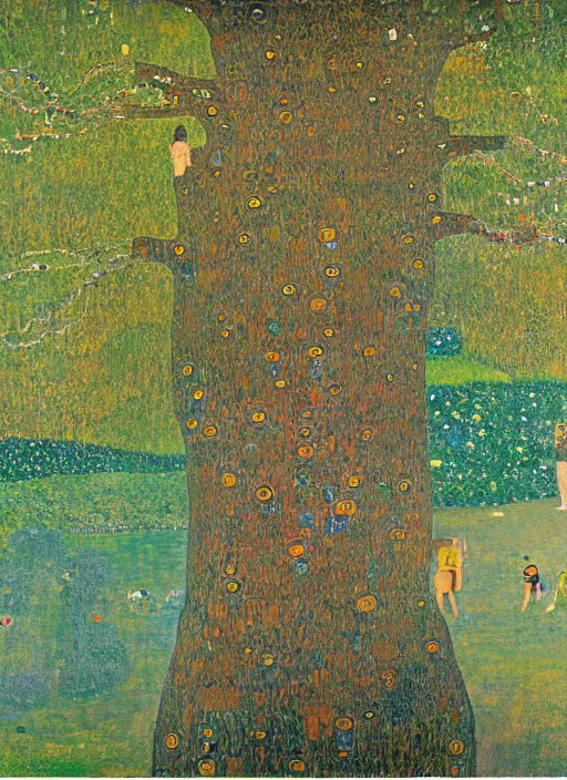 Image similar to a landscape painting of a cognitive optical illusion of trees, with four people who are trees in the foreground making extreme dynamic poses painted by gustav klimt
