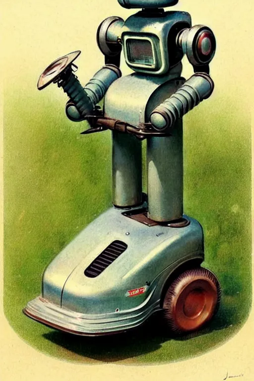 Image similar to ( ( ( ( ( 1 9 5 0 s retro future android robot lawnmower. muted colors., ) ) ) ) ) by jean - baptiste monge,!!!!!!!!!!!!!!!!!!!!!!!!!