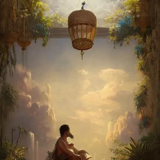 Image similar to painting of a god of wind enjoying his heavenly palace, decorated with windchimes and paper lanterns, stunning nature in background, art by greg rutkowski, cinematic