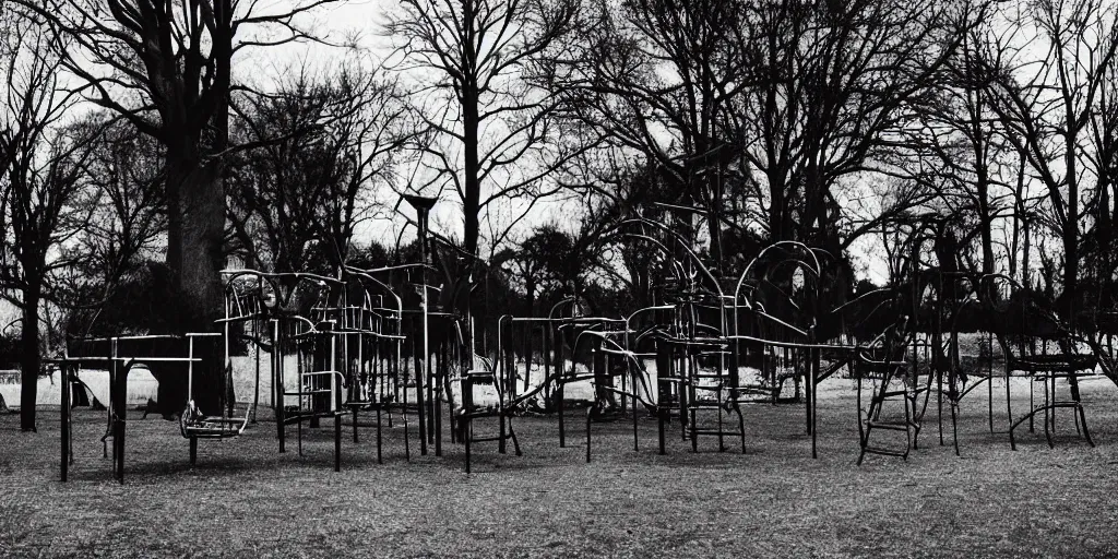 Image similar to a haunted playground from the 1930s full of ghosts at night, swings, horror movie aesthetic, evil, cinematic
