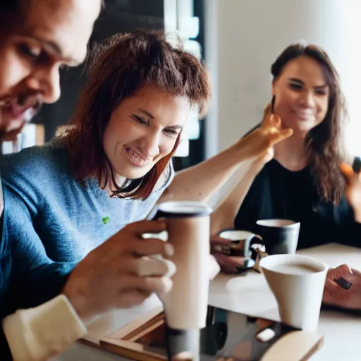 Image similar to stock photograph of people enjoying making a gantt chart, movement, energy, coffee