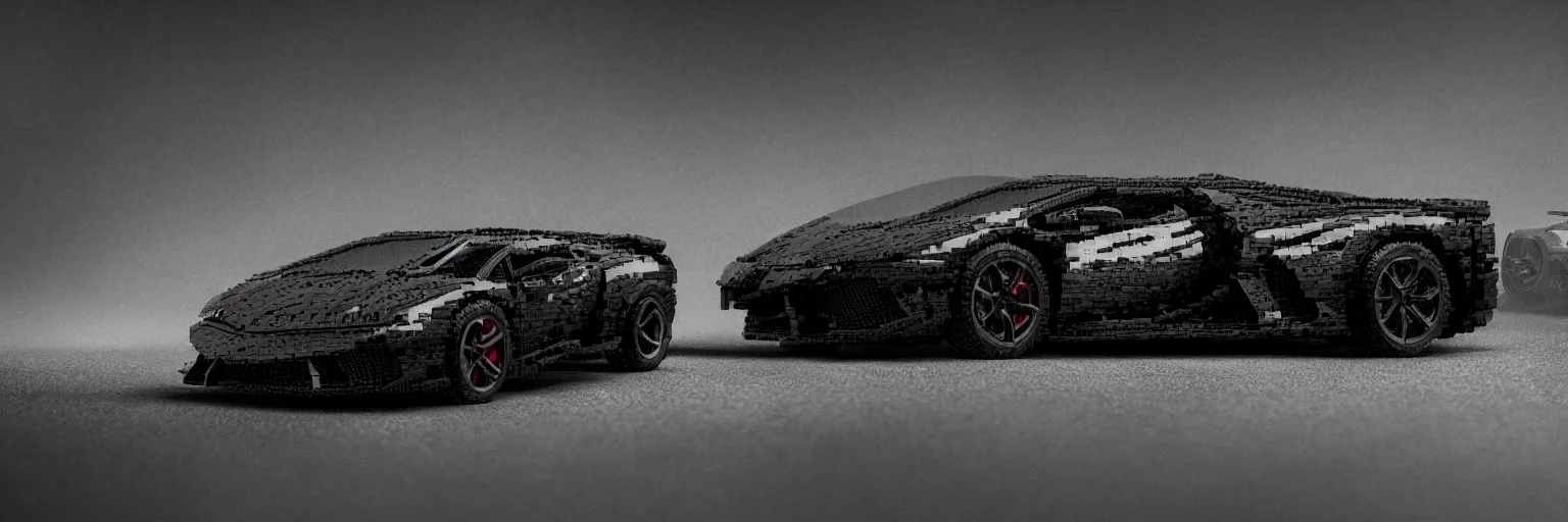 Image similar to black lego lamborghini. soft light. dark background. cinematic. intricate. close - up shot. highly detailed. matte painting in the style of craig mullins