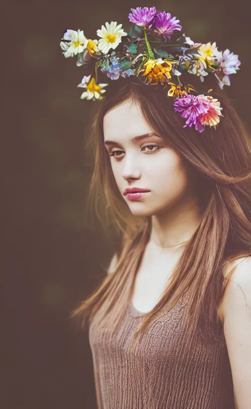 Prompt: portrait of a beautiful young girl with flowers in her hair, beautiful composition, modern color palette, 50mm f1.8, ambient light,