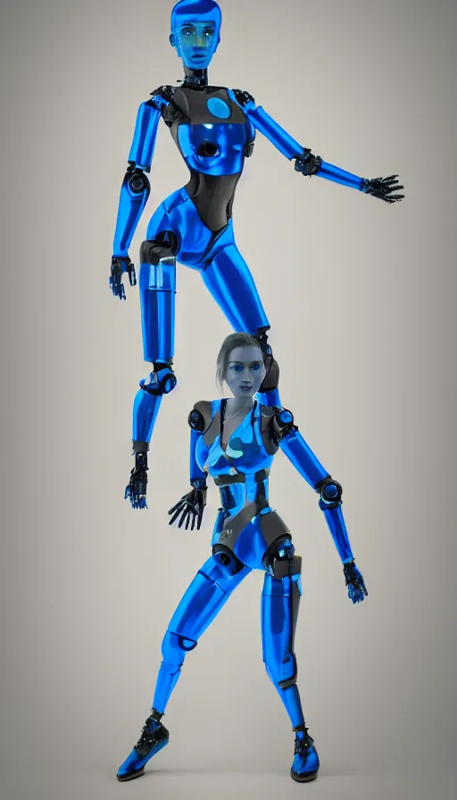 Image similar to a beautiful female robot human hybrid wearing a blue latex jumpsuit, circuitry glowing through the suit like tron, face, torso, legs, feet, full body epic angle, octane render, photo realistic, hyper realistic, 8 k resolution in the style of alvin schwartz