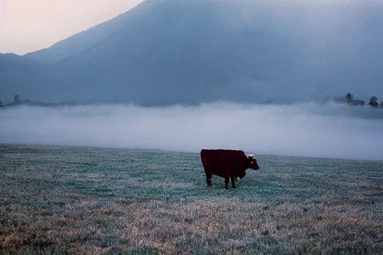 Image similar to film color photography, cow in the blue fog at the lawn, mountains in distance, 35mm