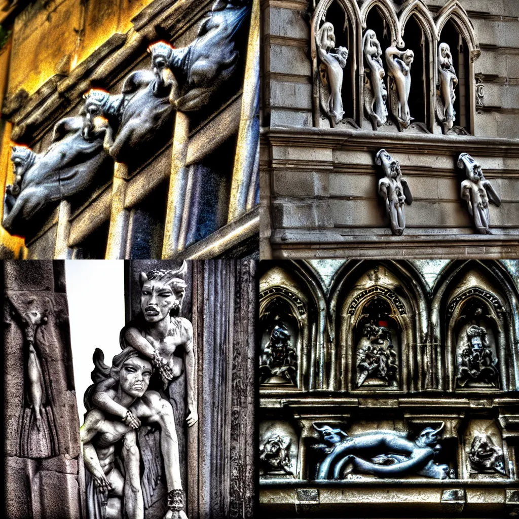 Prompt: an HDR photo of gargoyles perched upon a ledge over the door of a cathederal. the gargoyles all bear a striking resemblance to Madonna Ciccone.