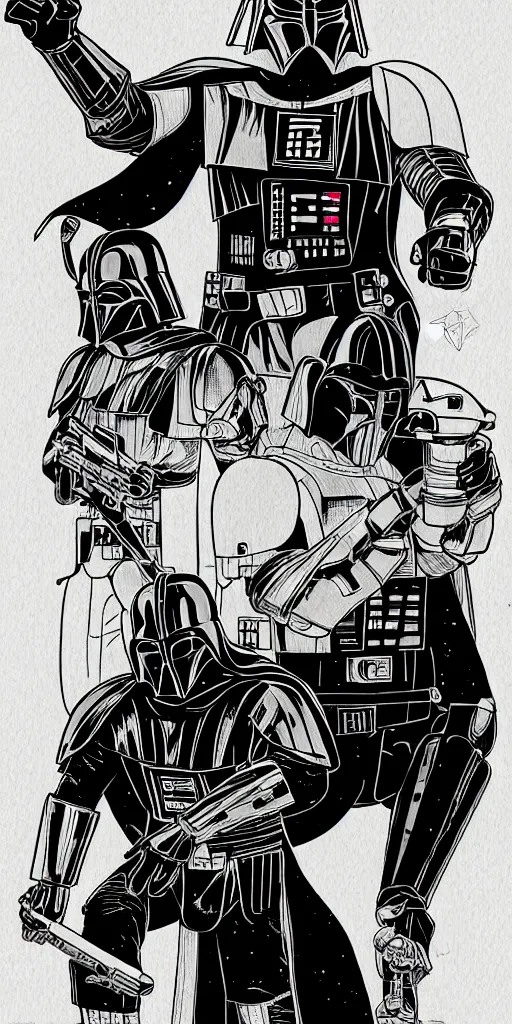 Prompt: portrait of darth vader and the mandalorian, by laurie greasley