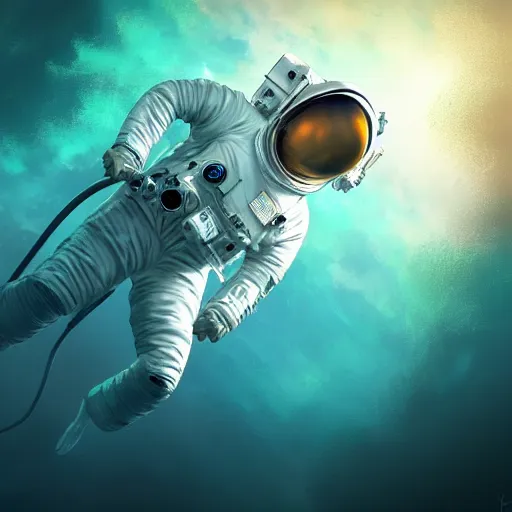 Prompt: an astronaut floating in the middle of deep water being hit by sun rays, trending on art station, atmosphere, concept art, photorealistic, high detailed