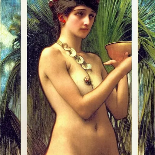 Image similar to Girl with a blood dripping chalice at the palace, thunderstorm, pool, beach and palm trees on the background major arcana sky, by paul delaroche, alphonse mucha and arnold böcklin arnold böcklin hyperrealistic 8k, very detailed