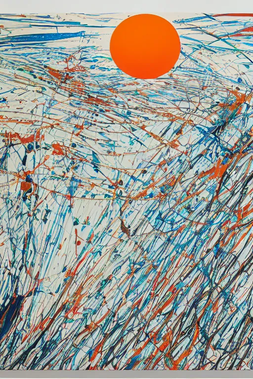 Prompt: sunrise over a japanese shrine by pollock and julie mehretu, abstract art, paint drops and lines, hyper detailed, rough white canvas