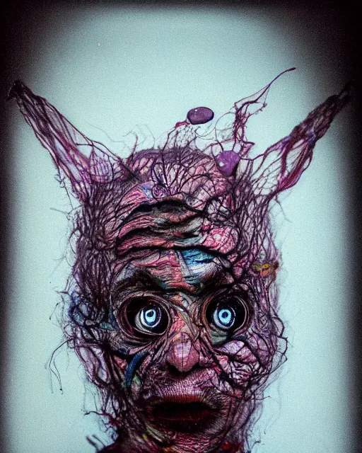 Image similar to realistic portrait of a creature experiment gone wrong, psychedelic, dark art, facing camera, photo realistic, detailed, delicate, hyper realism, ultra realistic, 8 k, 3 5 mm film