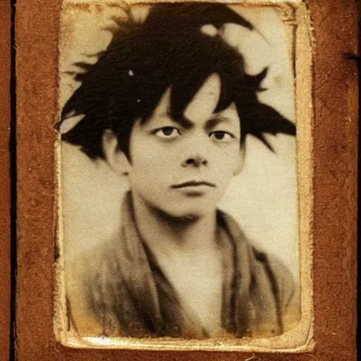 Image similar to a daguerrotype photo of luffy cosplayer, very early film stock, 1 8 0 0 s, vintage