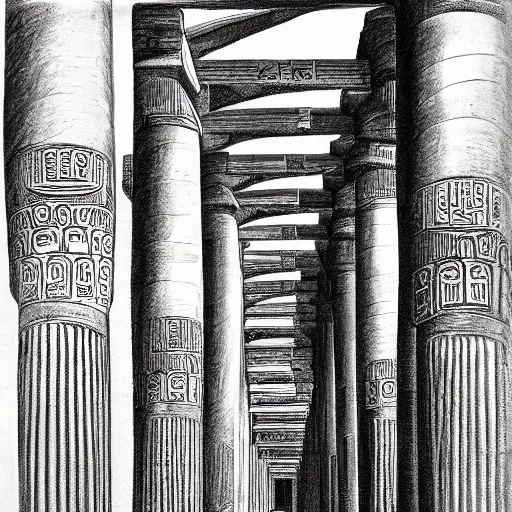 Prompt: The Great Hypostyle Hall of Karnak. detailed charcoal sketch.