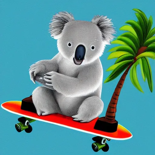 Image similar to koala driving a skateboard on miami beach, digital art