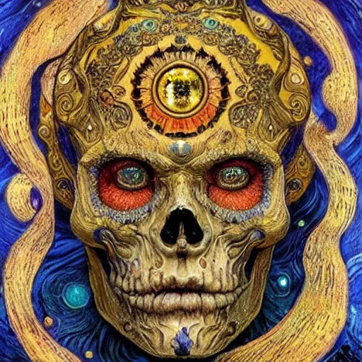 Prompt: Memento Mori by Karol Bak, Jean Deville, Gustav Klimt, and Vincent Van Gogh, beautiful visionary mystical portrait, calavera, otherworldly, fractal structures, ornate gilded medieval icon, third eye, spirals, sugar skull