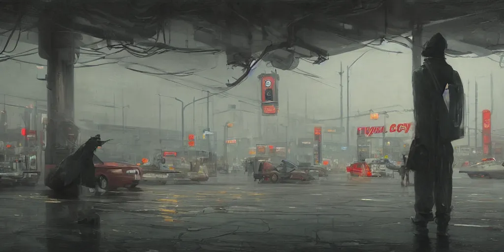 Image similar to a highly detailed epic cinematic concept art CG render digital painting artwork: Tokyo gas station, fog. By Greg Rutkowski, in the style of Francis Bacon and Syd Mead and Norman Rockwell and Beksinski, open ceiling, highly detailed, painted by Francis Bacon and Edward Hopper, painted by James Gilleard, surrealism, airbrush, Ilya Kuvshinov, WLOP, Stanley Artgerm, very coherent, triadic color scheme, art by Takato Yamamoto and James Jean