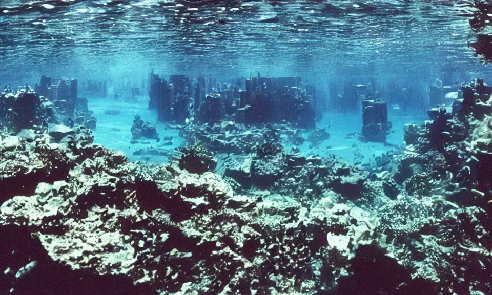 Image similar to 3 5 mm film still atlantis city in the ocean