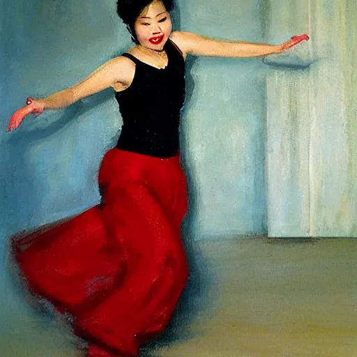 Image similar to a beautiful Asian woman dancing the Charleston on the living room carpet with joy, fair skin, red lips, black hair, oil painting, by Sherree Valentine Daines, 8k