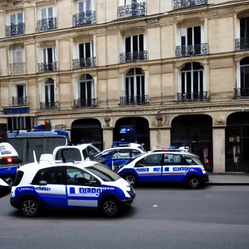 Prompt: a photo of several french police cars parked in a paris street in the morning
