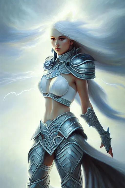 Image similar to oil painting, white, sakimi chan, fantasy armor, detailed face, walking, tony sart, wind, lightning, dramatic lighting