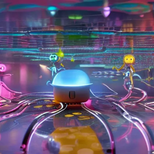 Image similar to promotional movie still wide - angle 3 0 m distance. nanorobots ( ( cat ) ) 1 million into the future ( 1 0 0 2 0 2 2 ad ). super cute and super deadly. nanorobots like disco music and dance - offs. cinematic lighting, dramatic lighting. in style from film fantasia, kubrick