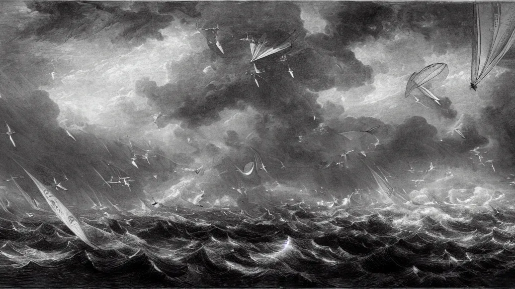 Image similar to drawing of many ornithopters flying above a stormy ocean, by gustave dore, nineteenth century, black and white, vintage, science fiction, epic composition, dramatic lighting, highly detailed, cinematic